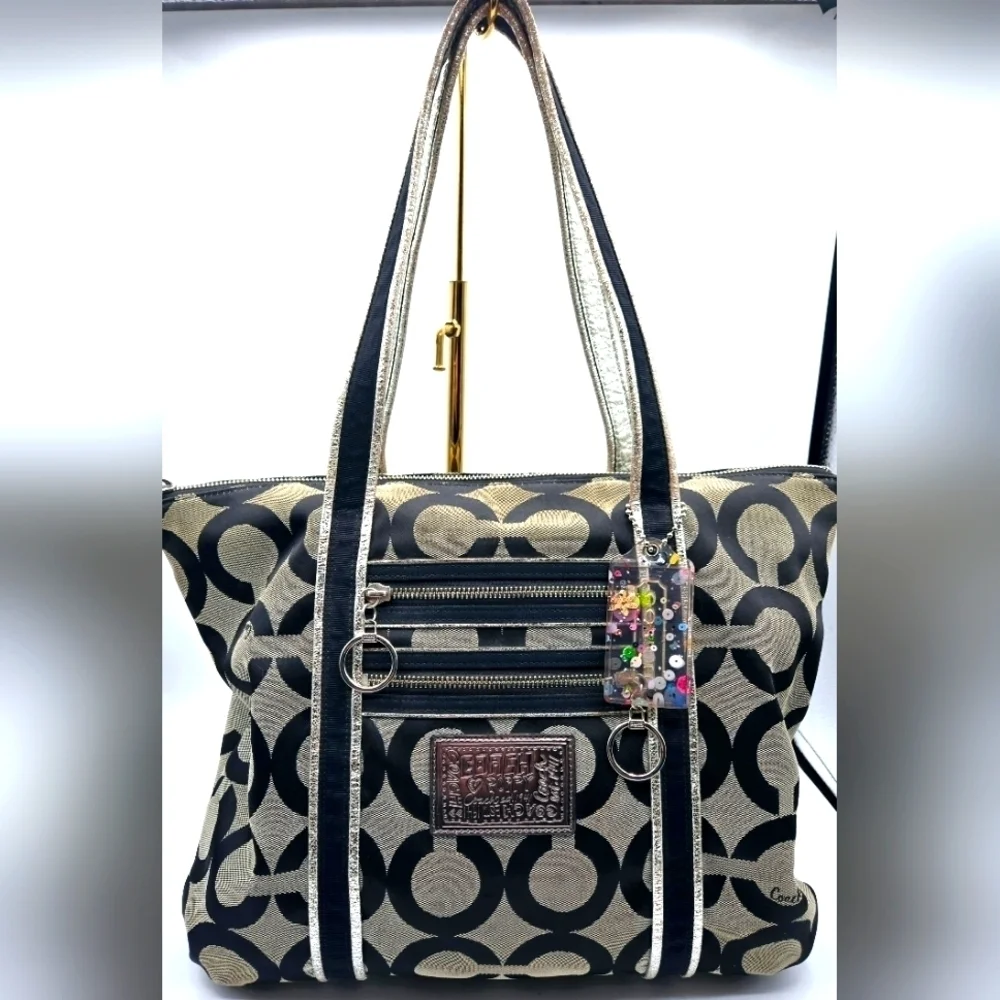 COACH Poppy Canvas Tote Black Op C Print Purple Lining Large Sequence Tag
